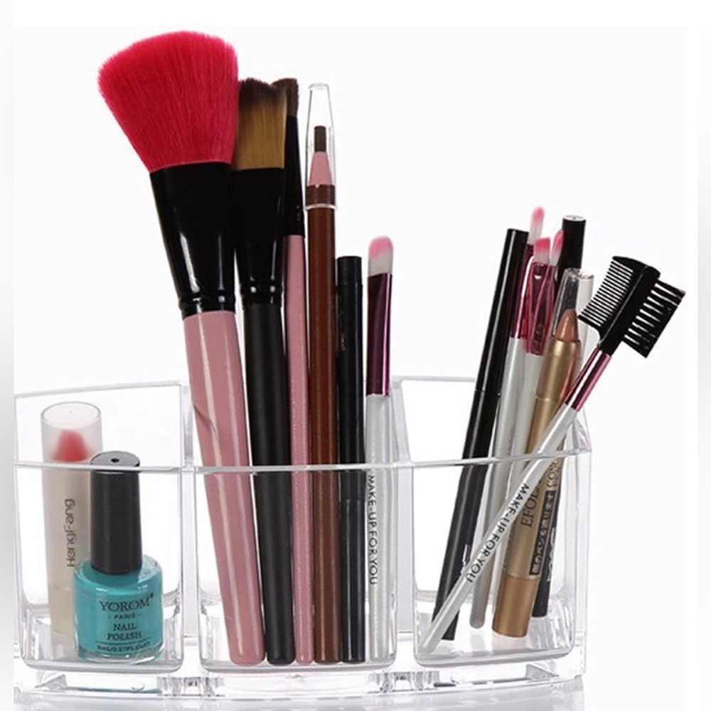 Clear Makeup Brush Holder Cosmetic Organizer 3 Grid Storage Box Vanity Bathroom